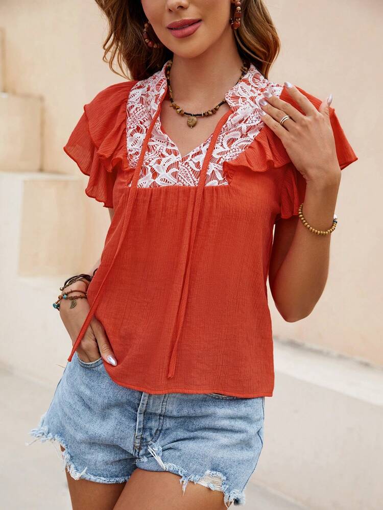 Women's Tie Neck & Ruffle Sleeve & Patchwork Fashion Vacation Travel Shirt