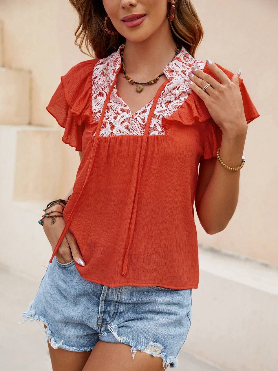 Women's Tie Neck & Ruffle Sleeve & Patchwork Fashion Vacation Travel Shirt
