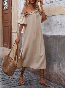 Breezaya Women's Fashionable Off Shoulder Ruffle Trim Slit Dress Maxi Vacation Beach Outfit - Khaki - View 6