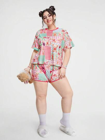 Kawaii Ensemble De Pyjama À Carreaux Avec Patchwork Mignon D'ours En Peluche Pour Femme Grande Taille