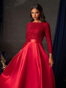 女士亮片缀饰长袖开衩长礼服，高端晚会礼服 - 紅色 - 查看 7