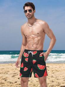 Manfinity Swimmode Pantalones cortos casuales de playa con cordón y estampado de sandía para hombres (Corte al azar) - Negro - Ver 3