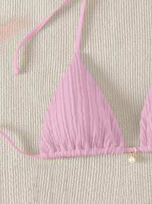 SHEIN Swim Summer Beach Solid Color Halterneck Tie Back Bikini Top - Pink - View 3