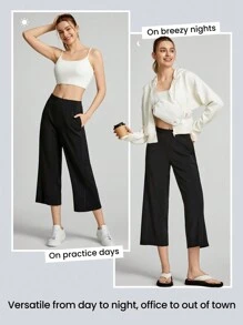 GLOWMODE Modal Wide-Leg 3/4 Pants Drawstring Pocket Daily Casual Fall - Black - View 5