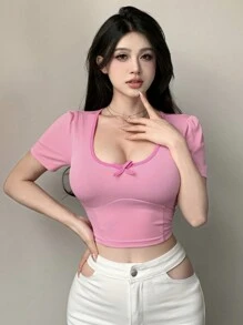 DAZY Áo thun ôm vừa vặn trang trí nơ thắt cho ngày lễ tình nhân mùa hè - Hồng - Xem 3