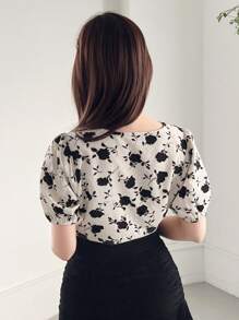 FRIFUL Summer Casual Floral Print Short Sleeve Holiday Shirt With Round Neck,Short Sleeve Tops Easter - Apricot - View 5