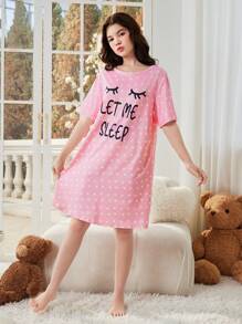 Teen Girl Polka Dot & Letter Print Short Sleeve Sleep Dress Home Wear, 1pc - Pink - View 5