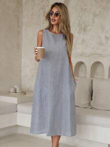 SHEIN LUNE Woven Colorful Striped Sleeveless Double Pocket A-Line Dress - Multicolor - View 4