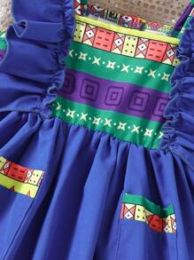 Vestido Con Ribete De Volantes Y Estampado Al Azar Para Bebé Niña - Azul - Ver 4