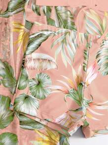 SHEIN Swim Summer Beach Tropical Print Spaghetti Strap Contrast Tropical Print Bikini Set & Kimono
