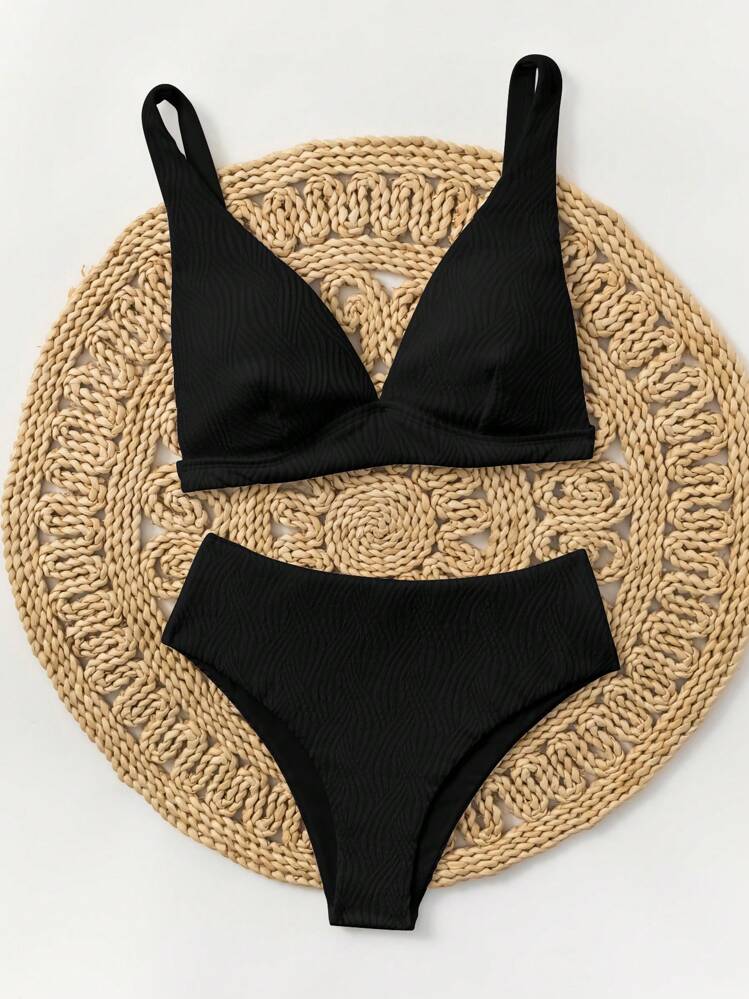 SHEIN Swim Summer Beach Women's Solid Color Bikini Set For Vacation, 2-Piece Bikini Set - Black - View 4