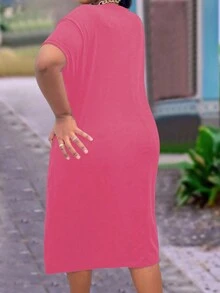 Maweii 大尺碼女士字母印花t卹裙 - 玫紅色 - 查看 2