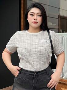 Dazy Petite Plus Plus Size Button Details Plaid Short Sleeve T-Shirt For Summer Casual Style