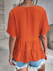 SHEIN LUNE Ladies" Solid Color V-Neck Ruffle Sleeve Casual Short Sleeve Shirt For Spring And Summer Peplum Top - Burnt Orange - View 2