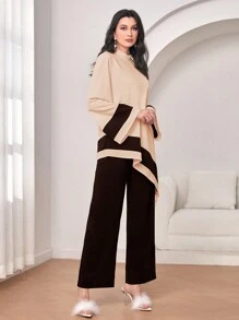 Modelyn Colorblock Asymmetrical Hem Top & Wide Leg Pants - Coffee Brown - View 3