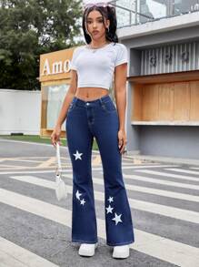 SHEIN EZwear Jeans Acampanados Para Uso Diario Con Patrón Impreso De Estrellas Para Mujeres - Azul lavado oscuro - Ver 5