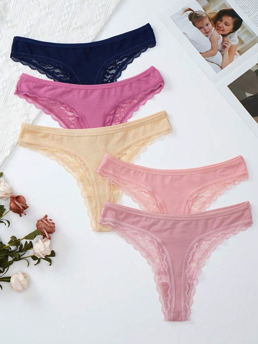 5pcs/Set Women's Plain Lace Patchwork T-Back Panties - Multicolor - View 1