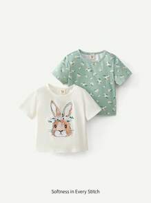 Cozy Pixies 寶寶女孩卡通動物圖案圓領短袖套頭T卹 - 綠色 - 查看 1