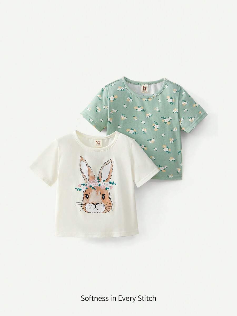 Cozy Pixies 寶寶女孩卡通動物圖案圓領短袖套頭T卹 - 綠色 - 查看 1