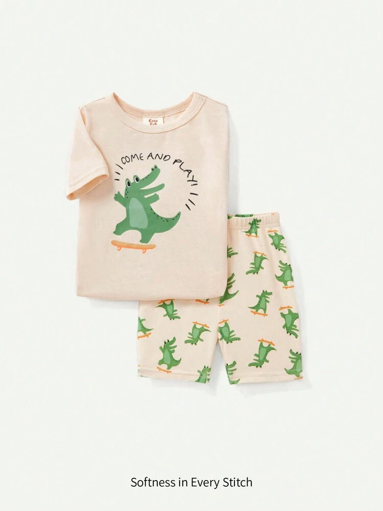 Baby Boy's Snug Fit Pajamas Set - Cartoon Crocodile Pattern Short Sleeve Round Neck Top, Casual Shorts For Home Wear, 2pcs Matching Set
