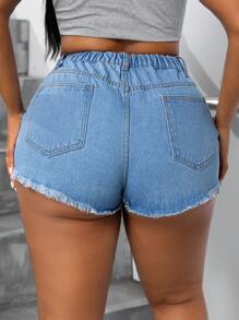 SHEIN SXY 大尺碼女裝高腰無彈性破洞牛仔短褲,時尚性感必備單品 - 藍色 - 查看 2
