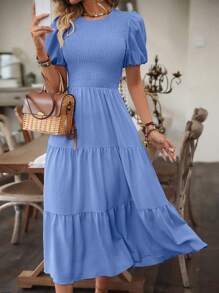 Breezaya 女士圆领纯色泡泡袖连衣裙，带荷叶边下摆，非常适合度假装扮，超长度假海滩装 - 淺藍色 - 查看 5