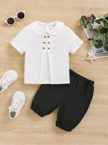 SHEIN Baby Boys' Peter Pan Collar Decor Buttoned Top And Solid Color Shorts 2pcs Set Suitable For Summer