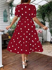 Flirla 大尺碼女性夏季圓點印花v領短泡袖長裙 - 酒紅色 - 查看 2