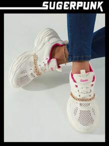 Sugerpunk Metallic Chain Decor Lace-up Front Chunky Sneakers - Beige - View 4