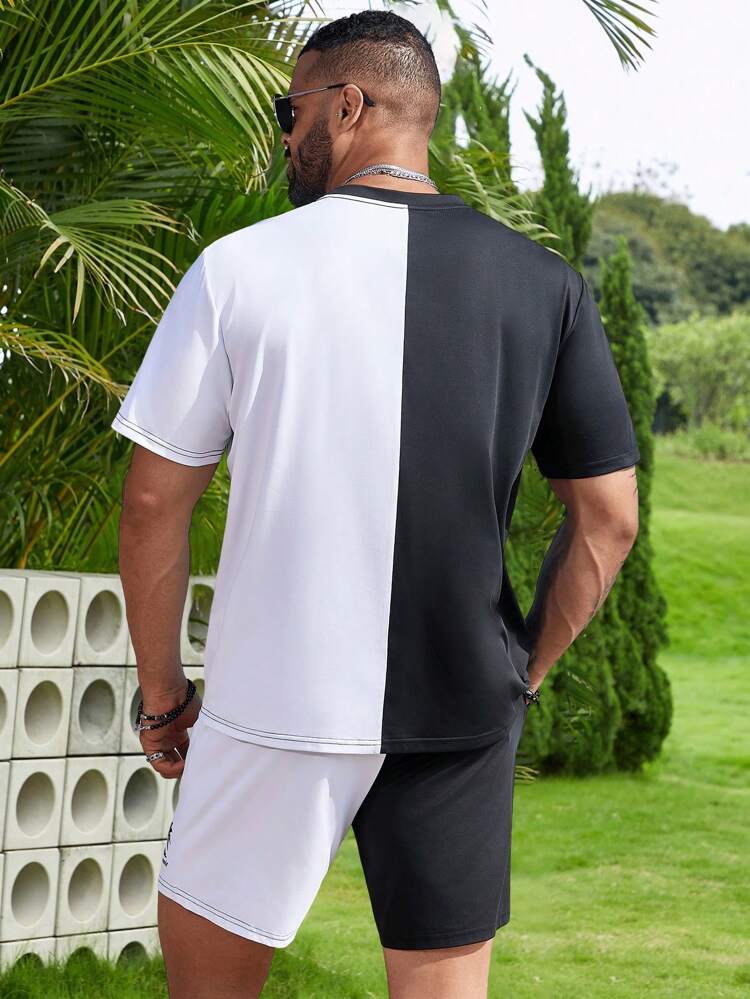 Men's Plus Size Color Block Coconut Tree Print T-Shirt And Shorts