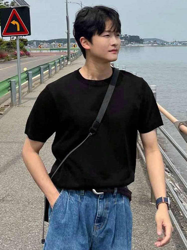 Men's Summer Solid Knit Crewneck Short Sleeve Top