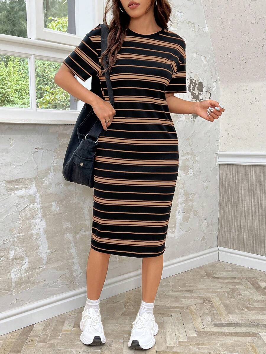 SHEIN EZwear Dệt kim Sọc Vòng cổ Ngắn tay NỮ Đầm giản dị Cho mùa xuân Và Mùa hè - màu nâu - Xem 1