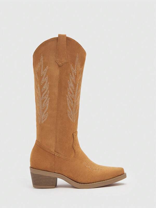 Styleloop Women Stitched Detail Chunky Heeled Western Boots, Vacation Faux Suede Boots, Cowboy Boots For Women