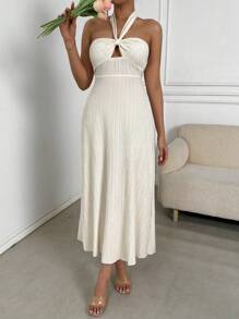 Chiquease Women's Halter Neck Backless Solid Dress - Apricot - View 5