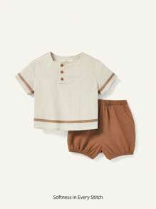 Baby Boy Color-Blocked Pullover With Weave Strap & Solid Shorts Set - Brown - View 1