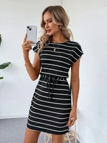 SHEIN LUNE Cổ điển Đen Sọc Không lưng Đầm - Đen và trắng - Xem 3
