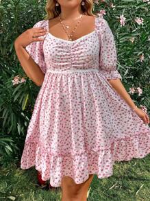 SHEIN SunnyBelle 大尺碼度假風格氣泡袖連身裙,褶邊和花卉印花裝飾 - 粉色 - 查看 7