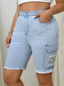 SHEIN ICON Kích thước lớn Đau khổ Frayed Hem Gầy Quần short Denim Với Flap túi - Rửa nhẹ - Xem 5
