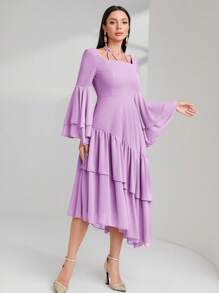 Modelyn Vestido de noche de unicolor con mangas acampanadas, volantes y bajo asimétrico para mujeres
