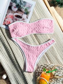 Swim Mod 花卉印花抹胸式比基尼套裝,高腰下裝,夏季沙灘裝 - 淺粉色 - 查看 1