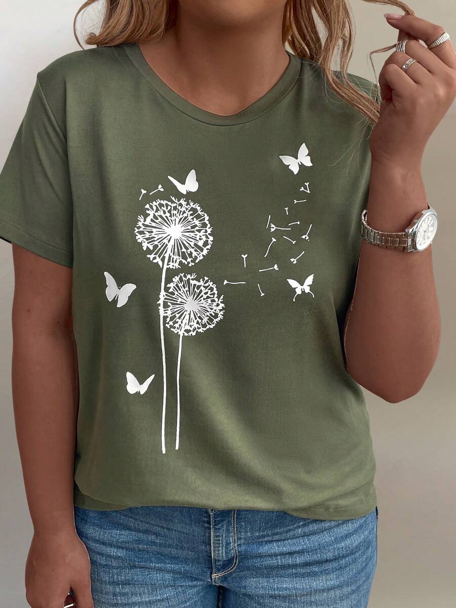 EMERY ROSE Women's Simple Printed Plus Size T-Shirt Graphic Tees Women Tops - Army Green - View 1
