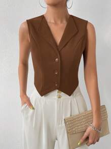 Chiquease Casual Vest Jacket With Detailed Design, Large Lapel Collar And Single-Breasted Button - Coffee Brown - View 6
