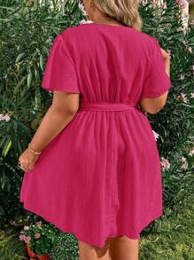 Flirla Plus Size Women's Summer Overlap V-Neck Ruffled Short Sleeve Dress Vacation Beach Outfit - Hot Pink - View 2