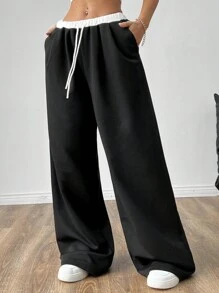 SHEIN EZwear 顏色塊高腰寬鬆女性休閒運動長褲 - 灰色 - 查看 4