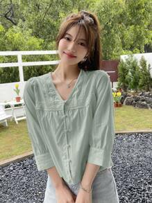 DAZY Solid Color Lace Patchwork Casual Shirt Summer