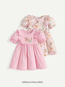 Conjunto de 2 piezas para bebé niña: vestido de cuello redondo con estampado de dibujos animados de plantas, con volantes y mangas abullonadas