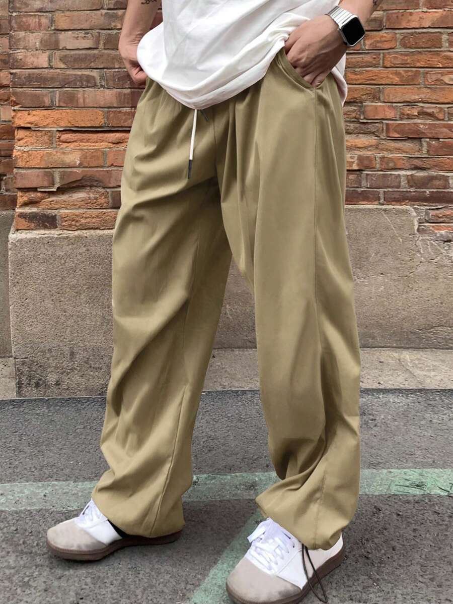 Manfinity Hypemode Nam Eo dây rút Màu thuần Chân thẳng Giải trí Quần - Màu Khaki - Xem 1