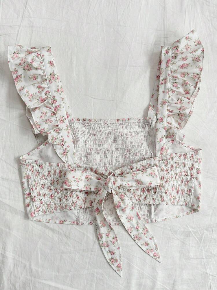 Plus Size Women's Crop Pink Ditsy Floral Blouse With Flounce Sleeves, Slimming Fit, Perfect For Vacation And Countryside Style