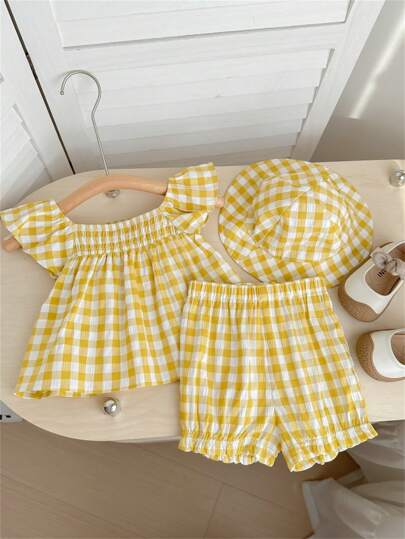 SHEIN LMoss Kids Bộ áo liền quần, quần short và mũ in họa tiết kẻ caro dễ thương cho bé gái LMoss mùa hè, dành cho Giáng sinh