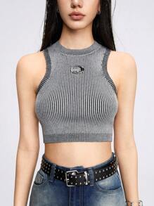 ROMWE Grunge Punk Blusa Sin Mangas De Punto Para Mujer De Primavera/verano Con Detalles De Letra Y Pedrería - Gris - Ver 1